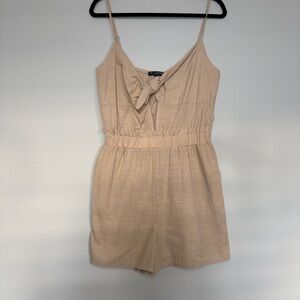One Clothing Womens Beige/Nude Spaghetti Strap Romper front tie & front cut out